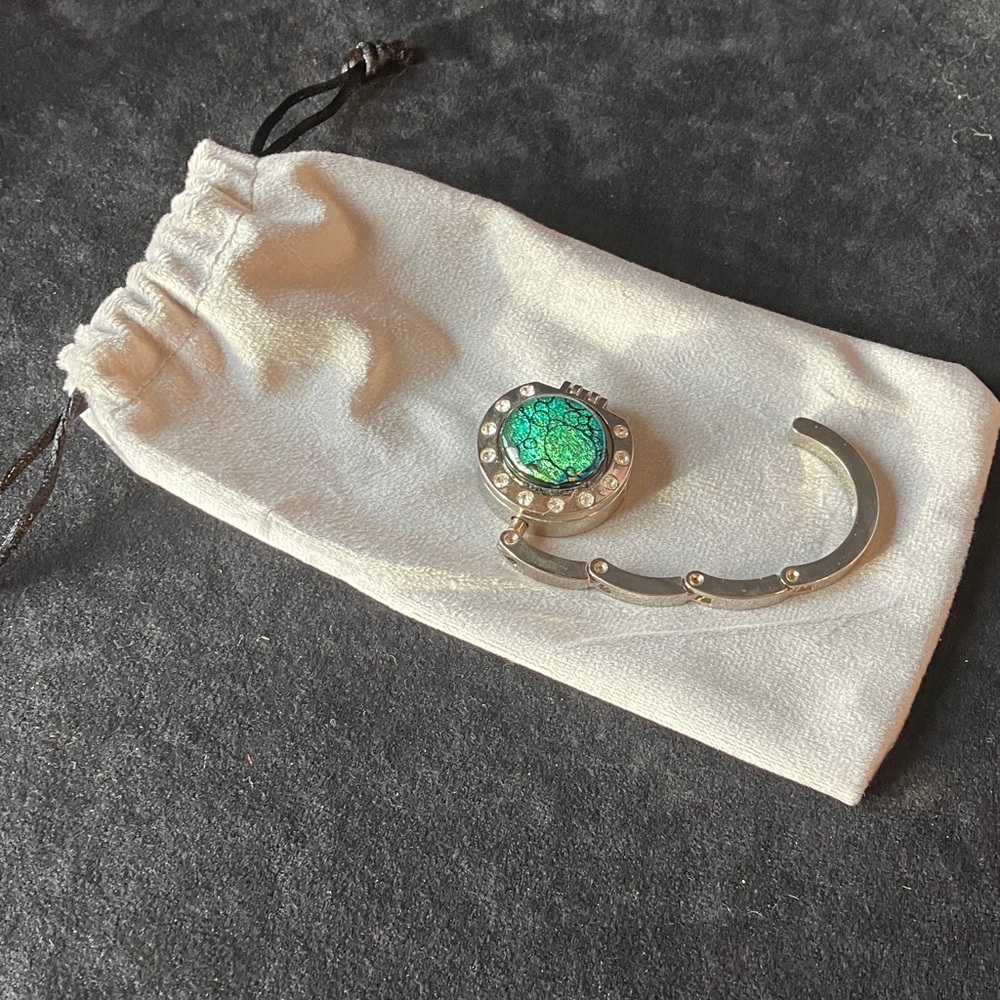 Handbag Purse Hanging Hook Hand Crafted dichroic Art Glass with velvet Bag